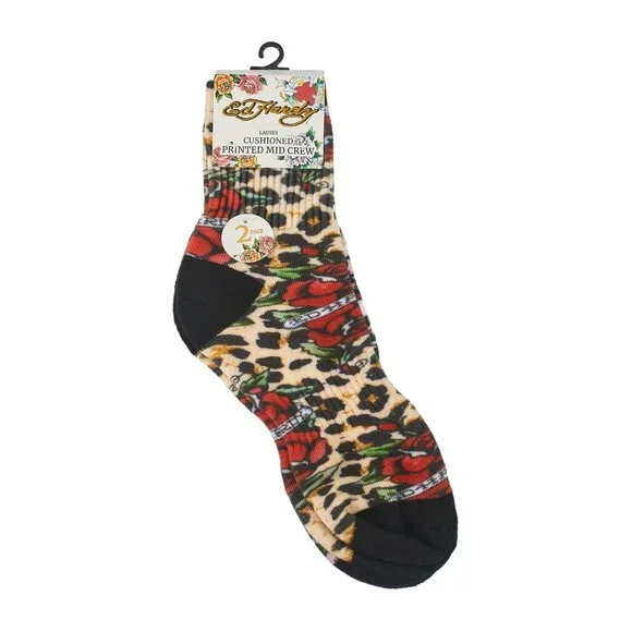 Ed Hardy Womens Cushioned Printed Mid Crew Sock Size 4-10 - Picture 2 of 5
